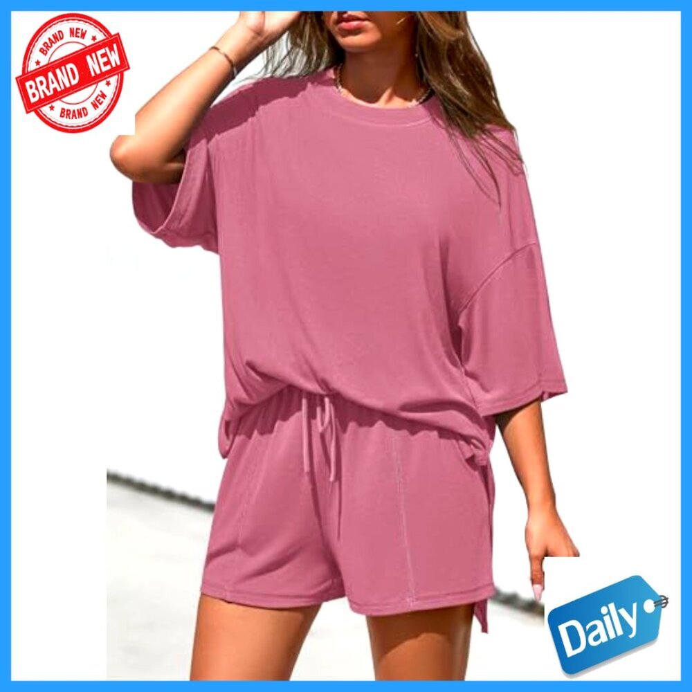 Oversized Short Sleeve Tee & Wide Leg Shorts Lounge Set, 2 Piece Matching - Picture 4 of 7